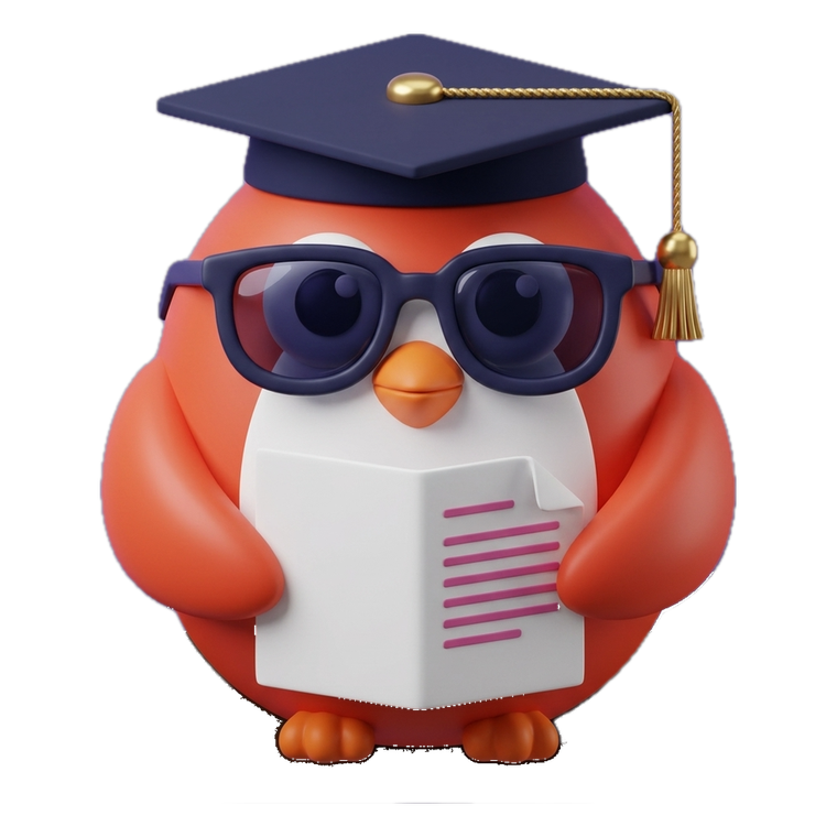 Juno, the Reading Gate penguin, in a graduation cap holding an open book
